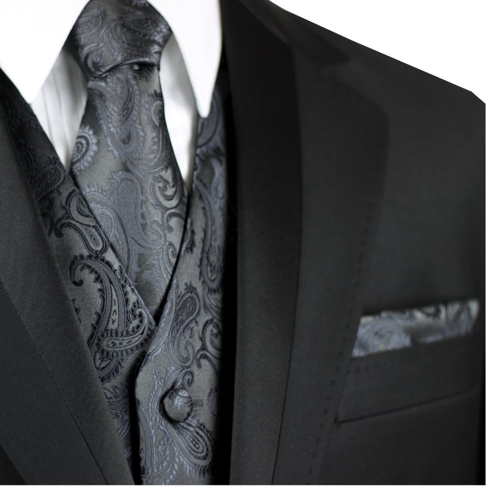 Men's Formal Wedding Prom Homecoming Tuxedo Vest Tie Hankie - Charcoal Paisley